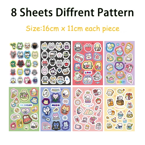 8 Sheets Cute Cartoon Cat Animal PVC Waterproof Stickers For Kids Party Handbook Phone DIY Scrapbooking Decoration