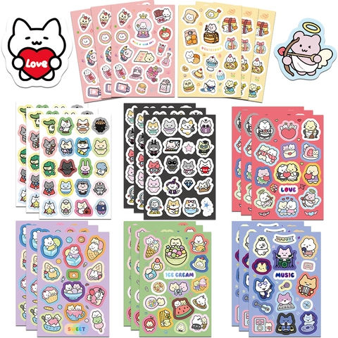 8 Sheets Cute Cartoon Cat Animal PVC Waterproof Stickers For Kids Party Handbook Phone DIY Scrapbooking Decoration