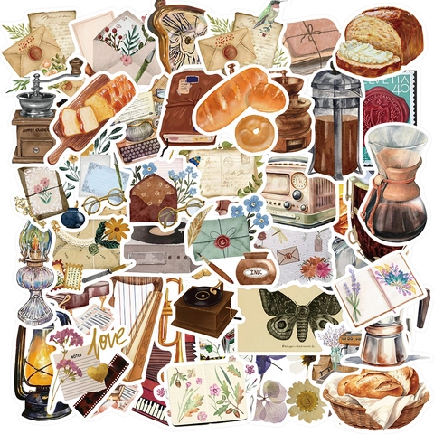 Vintage Watercolor Scrapbook Stickers Set DIY Journal Diary Decoration Coffee Bread Waterproof PVC Paper Decals Stationery