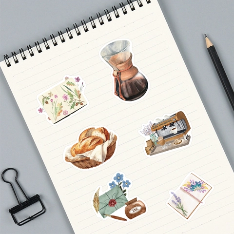Vintage Watercolor Scrapbook Stickers Set DIY Journal Diary Decoration Coffee Bread Waterproof PVC Paper Decals Stationery
