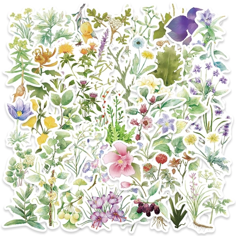 Autocollants Botaniques Vintage Aquarelle en PVC Étanche Décalcomanies de Fleurs d'Herbes pour Scrapbooking DIY Journal Portable Coque de Téléphone Valise Décoration de Papeterie