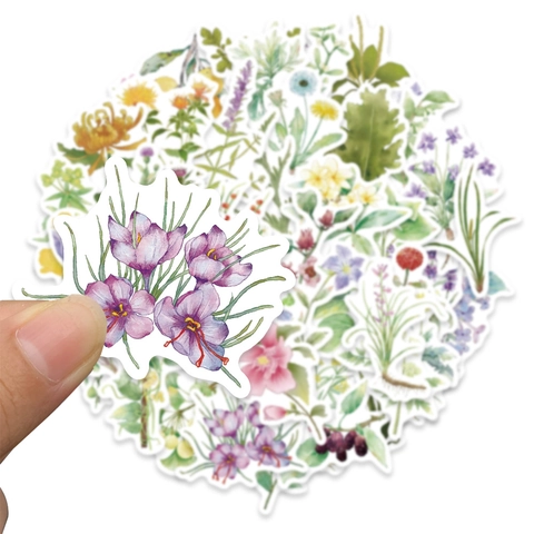 Autocollants Botaniques Vintage Aquarelle en PVC Étanche Décalcomanies de Fleurs d'Herbes pour Scrapbooking DIY Journal Portable Coque de Téléphone Valise Décoration de Papeterie