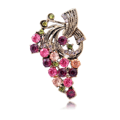 Broche Vintage en Forme de Raisin avec Strass Multicolores en Alliage pour Femmes Hommes Costumes Pull Bijoux de Mode Rétro Accessoires