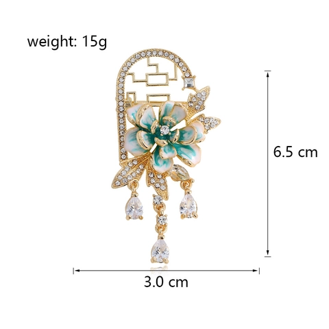 Chinese Style Peony Flower Tassel Brooch Alloy Enamel Rhinestone Elegant Pin For Women Vintage Traditional Clothing Jewelry