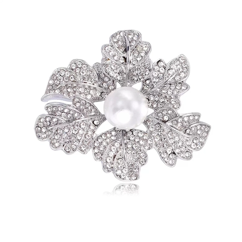 Elegante Spilla a Fiore in Lega Con Strass e Perla Artificiale Spilla Floreale Placcata Argento per Donna Matrimonio Gioielli