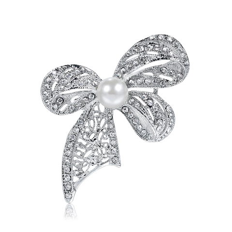 Elegante Spilla a Fiocco in Lega Con Strass e Perla Artificiale Lucida Argento Spilla da Balia per Donna Abito Cappotto Gioielli