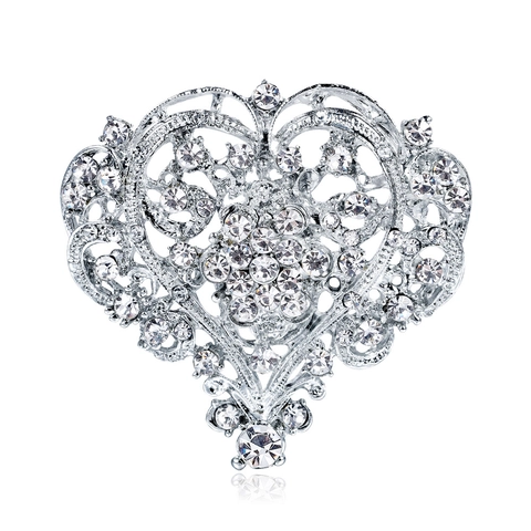 Grande Broche en Forme de Cœur avec Strass pour Femme Vintage en Alliage d'Argent Corsage à Fleurs Ajourées Bijoux Mariée
