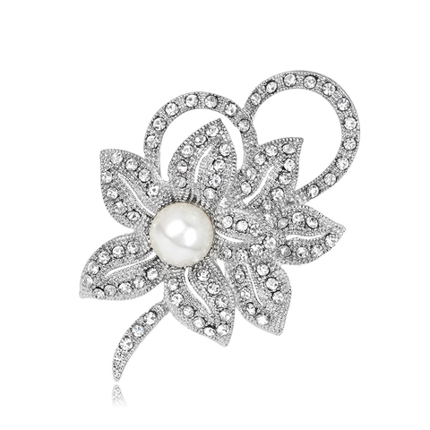 Élégante Broche Fleur en Alliage avec Perles Artificielles et Strass pour Femmes Accessoires Bijoux Floraux Mariage Fête