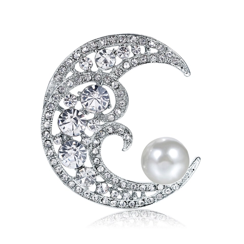 Broche de Aleación con Forma de Luna de Moda para Mujer Elegante Alfiler de Perla Artificial y Diamante de Imitación para Bufanda Chal Joyería Regalo