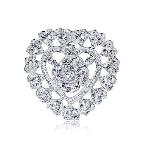 Elegante Broche de Aleación en Forma de Corazón con Diamantes de Imitación para Mujer Broche de Corazón Plateado Accesorios de Moda Joyería Regalo