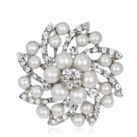 Vintage Alloy Artificial Pearl Flower Brooch For Women Elegant Rhinestone Spiral Pin Jewelry For Wedding Party Dress Accessories