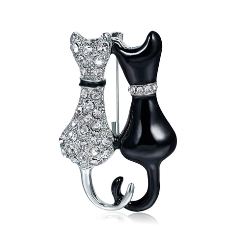 Mode Legierung Doppel Katze Brosche Mit Strass Emaille Schwarz Weiß Tier Anstecknadel Für Damen Kleidung Zubehör Schmuck Geschenk