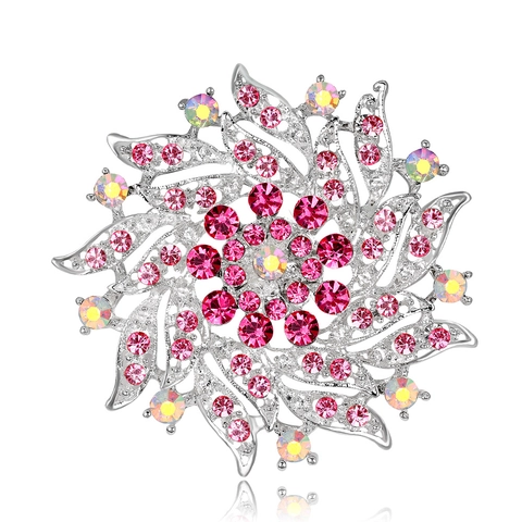 Elegant Alloy Flower Brooch For Women Sparkling Rhinestone Inlaid Silver Tone Floral Suit Accessory Fashion Jewelry Gift