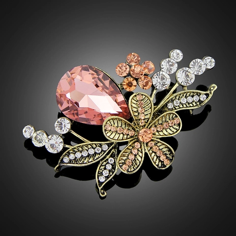 Vintage Alloy Pink Rhinestone Flower Brooch For Women Antique Gold Elegant Rose Floral Leaf Brooch Pin For Wedding Banquet