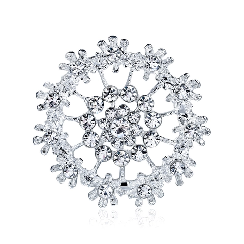 Elegant Alloy Rhinestone Snowflake Brooch Silver Plated Floral Lapel Pin Wedding Party Fashion Clothing Accessories For Women