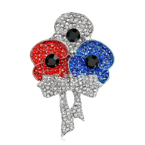 Classic Red Poppy Flower Brooch Alloy Rhinestone Pave Bowknot Pin For Women Banquet Anniversary Fashion Jewelry