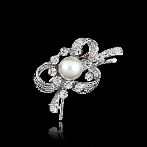 Elegante Broche de Lazo de Aleación Con Perla Artificial y Strass Plateado Moda Flor Alfiler de Solapa para Boda Fiesta Mujer Joyería