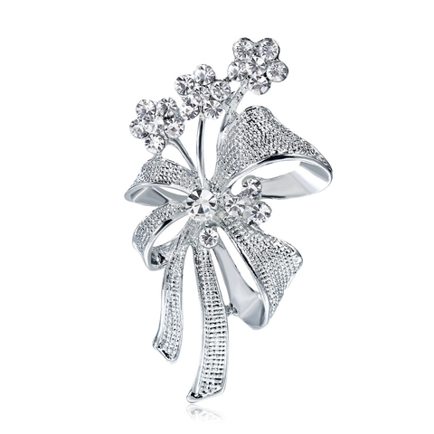 Élégante Broche Nœud Papillon en Alliage d'Argent avec Fleurs en Strass Épingle à Écharpe Ajourée pour Femme