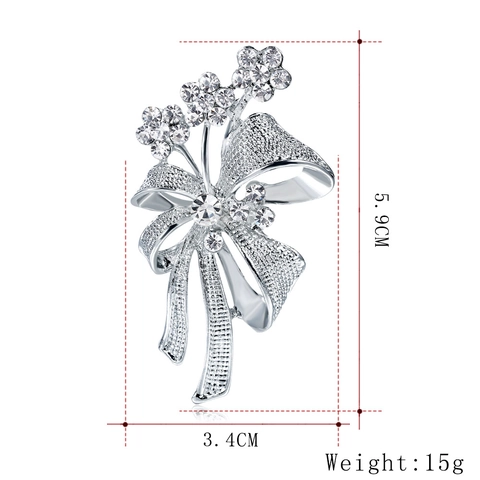 Élégante Broche Nœud Papillon en Alliage d'Argent avec Fleurs en Strass Épingle à Écharpe Ajourée pour Femme