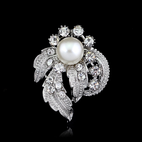 Elegante Spilla in Lega con Perla Artificiale Fiore Foglia Con Strass Spilla da Colletto alla Moda Donna Gioielli per Matrimonio