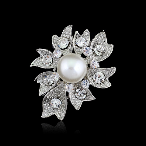 Broche Fleur Élégante en Alliage avec Perle Artificielle pour Femme Tons Argent avec Strass Incrustés Bijoux Accessoire