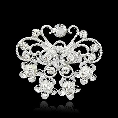 Elegant Alloy Hollow Out Butterfly Floral Brooch Silver Plated Rhinestone Corsage Pin For Women Fashion Jewelry Accessories