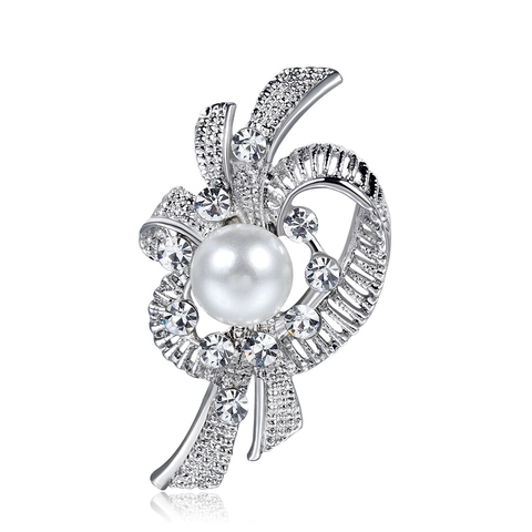 Elegant Alloy Silver Brooch Pin With Artificial Pearl And Rhinestone Flower Ribbon Design For Women Wedding Party Jewelry