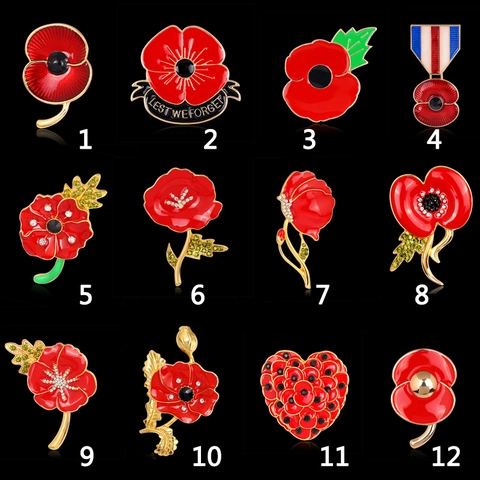 Vintage Legierung Roter Mohn Blume Brosche Für Damen Gedenktag Strass Emaille Floral Abzeichen Anstecknadel Schmuck Geschenk