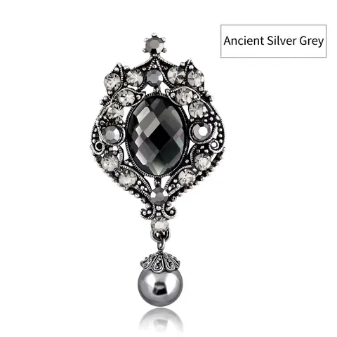 Broche Fleur en Alliage Strass Vintage pour Femmes Argent Antique Noir Bleu Foncé Pendentif Perle Artificielle Bijoux de Mode