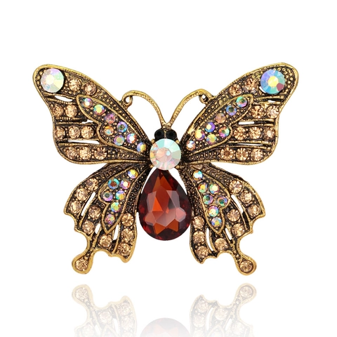 Broche Papillon en Alliage Vintage Avec Strass Or Antique Pierre Rouge Accessoires de Corsage de Mode pour Femmes