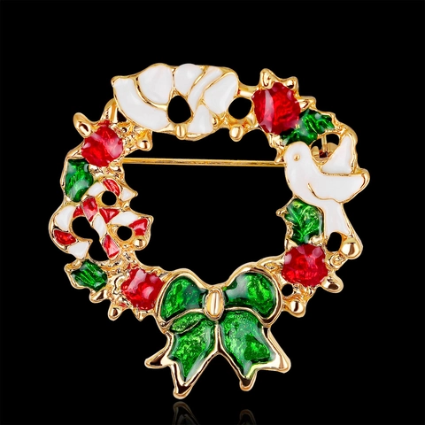 Broche Couronne de Noël en Émail pour Femmes Alliage Strass Nœud Colombe de la Paix Accessoire de Fête Bijoux Cadeau