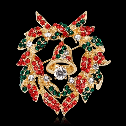 Christmas Wreath Bell Brooch Gold Alloy Red Green Rhinestone Bow Knot Festive Holiday Jewelry Brooch For Women Party Gift
