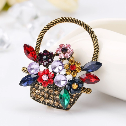 Vintage Gold Legierung Brosche Mit Bunter Strass Blumenkorb Design Elegante Blumen Anstecknadel Für Damen Täglicher Schmuck