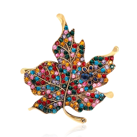 Broche Vintage en Alliage avec Feuille d'Érable en Strass Multicolore pour Femme Épingle de Corsage Plante Colorée Bijoux Cadeau