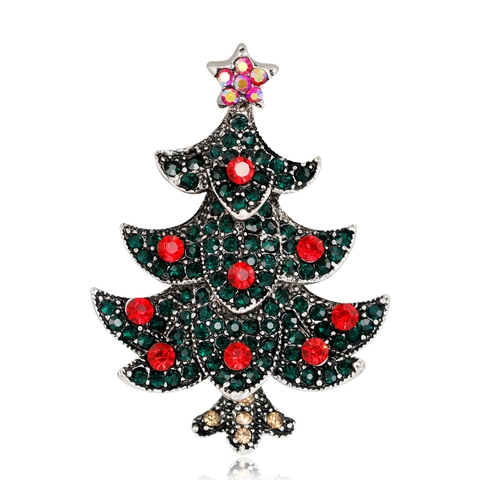 Broche Sapin de Noël Vintage en Alliage Incrustée de Strass pour Femme Or Argent Plaqué Étoile Colorée Bijoux Badge Festif