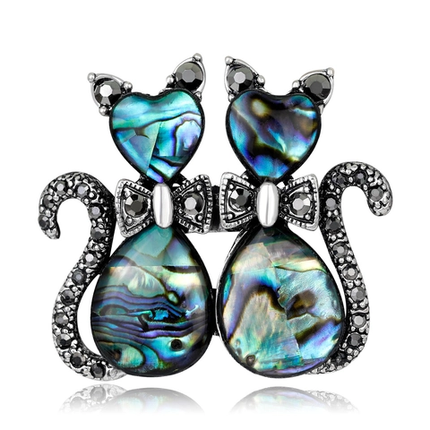 Broche Chat en Alliage Vintage avec Coquille d'Abalone pour Femmes Argent Antique Strass Noir Forme Animale Broche Couple Chats