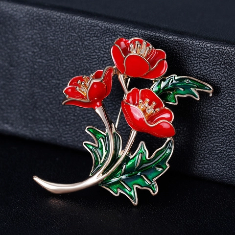 Spilla Vintage in Lega a Forma di Papavero Rosso per Donna Spilla in Smalto di Piante con Strass Gioielli per Banchetto