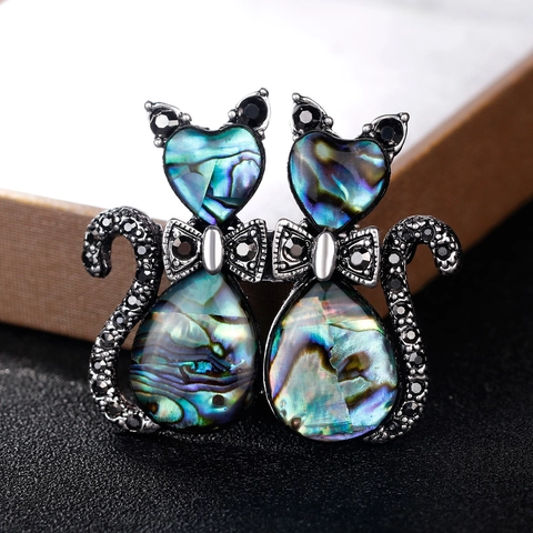 Broche Chat en Alliage Vintage avec Coquille d'Abalone pour Femmes Argent Antique Strass Noir Forme Animale Broche Couple Chats