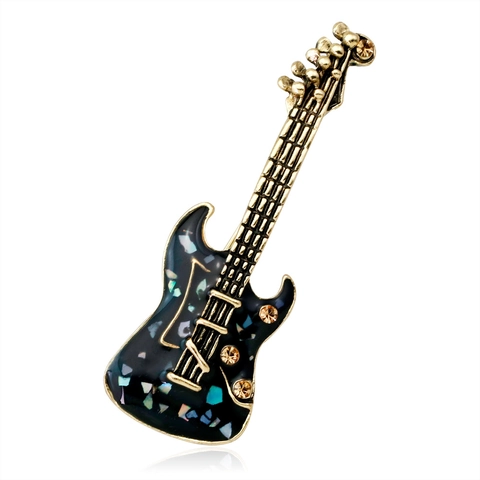 Vintage Gitaar Brosche Pin Voor Dames Heren Legering Schelpinleg Strass Muziekinstrument Vorm Verguld Sieraden Reversspeld
