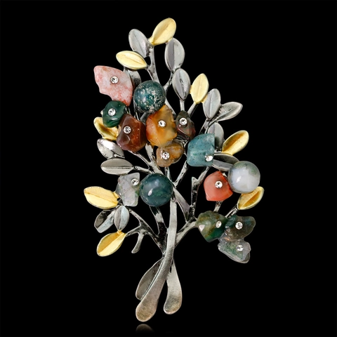 Spilla Albero di Natale Vintage in Lega con Pietre Naturali Multicolori e Strass Intarsiati Pin Fiore Pianta Gioielli Regalo
