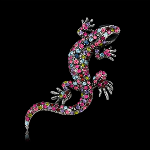 Vintage Alloy Colorful Rhinestone Gecko Lizard Animal Brooch Pin For Women Fashion Jewelry Decoration Accessories