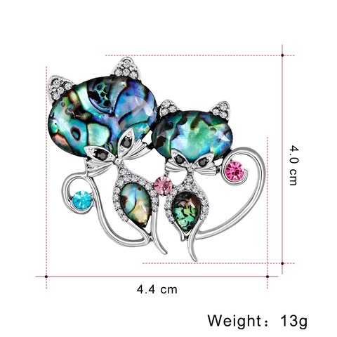 Fashion Alloy Abalone Shell Cat Brooch For Women Cute Double Cat Pin With Colorful Rhinestone Animal Style Jewelry Gift