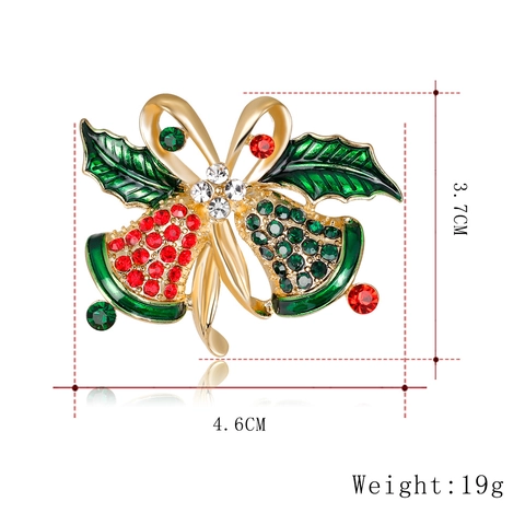 Spilla a Forma di Campana di Natale Vintage per Donna in Lega d'Oro Strass Foglia di Agrifoglio Fiocco Spilla Gioielli Festa Natale