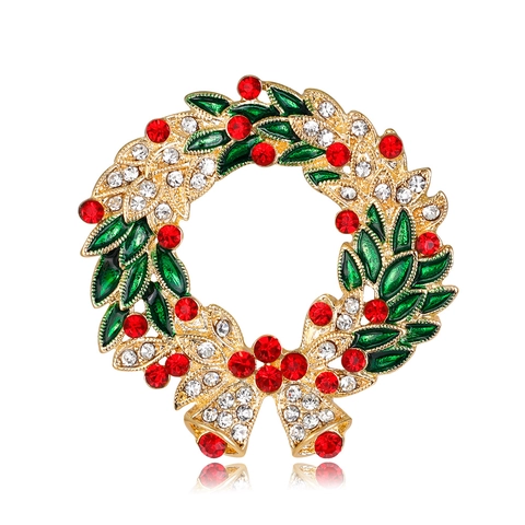 Mode Kerstkrans Broche Voor Vrouwen Legering Strass Emaille Slinger Strik Broche Pin Feestelijke Party Sieraden Cadeau