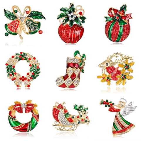 Broche de Navidad Festivo Aleación Diamantes de Imitación Esmalte Alce Campana Bota Corona Papá Noel Ángel Pin Para Mujer Decoración de Fiesta Regalo