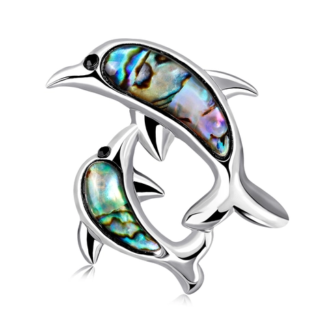 Natural Abalone Shell Dolphin Brooch For Women European American Style Alloy Silver Plated Animal Pin Fashion Jewelry Gift