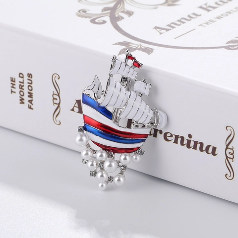 Broche de Velero de Esmalte Vintage para Mujer Alfiler de Estilo Marino de Aleación con Perla Artificial Strass Joyería