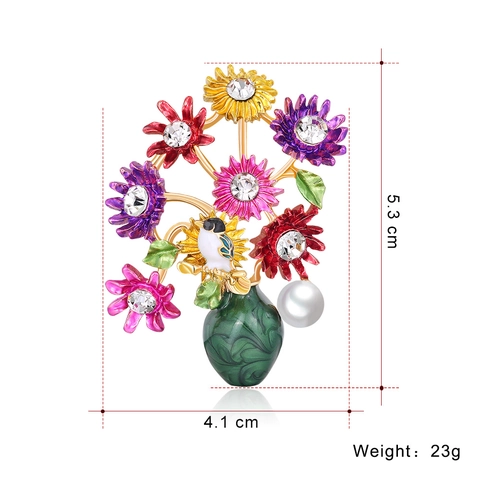 Spilla a Forma di Vaso di Fiori in Lega Vintage per Donna Spilla Bouquet Floreale Uccello in Smalto Colorato Con Strass e Perla Artificiale