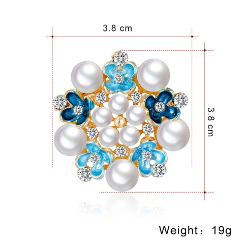 Elegant Blue Enamel Flower Brooch For Women Alloy Artificial Pearl Rhinestone Floral Pin Fashion Apparel Accessories Jewelry