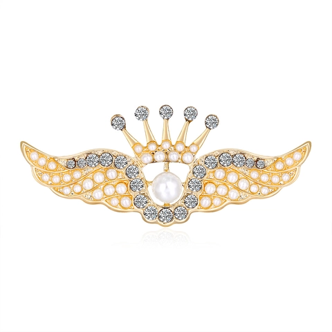 Spilla Corona Ali d'Angelo Vintage in Lega Perla Artificiale Strass Stile Palazzo Elegante Spilla per Abiti per Sposa Matrimonio Gioielli Donna